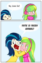 Size: 600x900 | Tagged: safe, artist:electricshine, indigo zap, lemon zest, equestria girls, g4, my little pony equestria girls: friendship games, 2 panel comic, clothes, comic, dialogue, ear piercing, earring, eyeshadow, female, headphones, jewelry, looking at each other, makeup, open mouth, piercing, simple background, smiling, white background