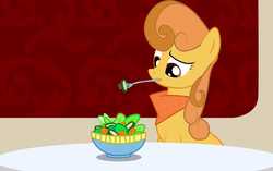 Size: 5281x3311 | Tagged: safe, artist:alkarasu, ginger gold, earth pony, pony, earth pony problems, female, food, fork, mare, mouth hold, neckerchief, salad, solo
