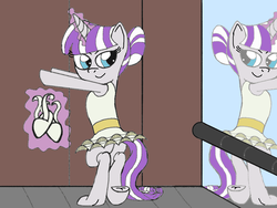 Size: 2048x1536 | Tagged: safe, artist:darkknighthoof, artist:icicle-niceicle-1517, twilight velvet, pony, unicorn, g4, alternate hairstyle, ballerina, ballet slippers, bedroom eyes, butt, clothes, colored, digital art, exercise, female, fetish, glowing horn, hoof fetish, hooves, horn, mare, mirror, plot, recolor, sketch, solo, stretching, tutu, underhoof