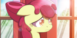 Size: 1400x699 | Tagged: safe, artist:anonbelle, apple bloom, earth pony, pony, g4, chromatic aberration, female, floppy ears, lens flare, mare, sad, solo