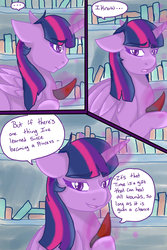Size: 1024x1536 | Tagged: safe, artist:jeyjeymohr, twilight sparkle, alicorn, pony, comic:crownless, g4, colored horn, comic, curved horn, dialogue, hoof hold, horn, library, lidded eyes, severed horn, sombra's horn, twilight sparkle (alicorn)