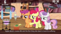 Size: 854x480 | Tagged: safe, edit, edited screencap, screencap, apple bloom, scootaloo, sweetie belle, earth pony, pegasus, pony, unicorn, cinemare sins, g4, twilight time, cutie mark crusaders, female, filly, golden oaks library