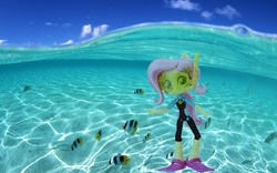 Size: 1690x1056 | Tagged: safe, edit, fluttershy, fish, equestria girls, g4, dive mask, diving, doll, equestria girls minis, eqventures of the minis, irl, merchandise, ocean, photo, snorkel, snorkeling, swimming, toy, underwater, wallpaper, water, watershy, wetsuit
