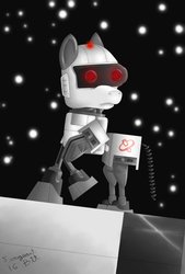 Size: 735x1087 | Tagged: safe, artist:sergeant16bit, robot, 80s, accessory, crossover, digital, glowing eyes, laser, nintendo, nintendo entertainment system, painting, r.o.b., robotic operating buddy, solo, stars
