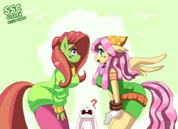 Size: 1681x1222 | Tagged: safe, artist:traupa, angel bunny, fluttershy, tree hugger, earth pony, pegasus, anthro, g4, alternate hairstyle, big breasts, breasts, busty fluttershy, busty tree hugger, clothes, female, looking at each other, mane swap, mare, question mark, smiling, sudden style change, trio