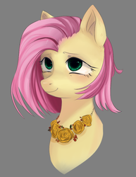 Size: 652x846 | Tagged: safe, artist:adsddjdfbdg, fluttershy, pony, g4, alternate hairstyle, blushing, bust, cute, female, floral necklace, portrait, short hair, shyabetes, simple background, smiling, solo