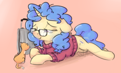 Size: 1571x950 | Tagged: safe, artist:pucksterv, oc, oc only, oc:eleos, cat, pony, unicorn, clothes, female, floppy ears, glasses, luggage, mare, prone, simple background