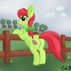 Size: 2500x2500 | Tagged: safe, artist:red-rd, peachy sweet, earth pony, pony, g4, apple family member, background pony, bow, butt, cottagecore, dock, female, fence, hair bow, high res, mare, peachy butt, plot, solo
