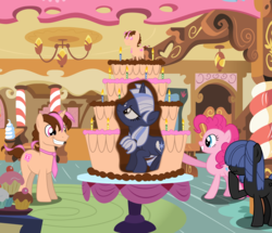 Size: 13000x11200 | Tagged: safe, artist:mundschenk85, pinkie pie, oc, oc:silverlay, oc:think pink, original species, pony, umbra pony, unicorn, g4, absurd resolution, birthday cake, cake, cupcake, female, food, male, mare, popping out of a cake, show accurate, smiling, stallion, surprise cake, vector
