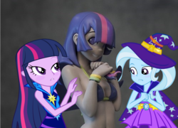 Size: 1206x870 | Tagged: safe, artist:doxy, artist:pixelkitties, trixie, twilight sparkle, equestria girls, g4, bikini, breasts, cleavage, clothes, female, figurine, irl, lesbian, love triangle, photo, self ponidox, selfcest, ship:twixie, shipping, swimsuit, twolight