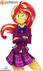 Size: 1900x3083 | Tagged: source needed, safe, artist:the-butch-x, sunset shimmer, equestria girls, g4, my little pony equestria girls: friendship games, alternate hairstyle, clothes, commission, crossed arms, crystal prep academy uniform, crystal prep shadowbolts, cute, female, patreon, patreon logo, pleated skirt, ponytail, school uniform, shimmerbetes, simple background, skirt, solo, transparent background