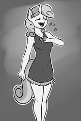 Size: 1600x2400 | Tagged: safe, artist:elzzombie, sweetie belle, anthro, g4, clothes, cute, diasweetes, dress, female, monochrome, music notes, older, singing, solo