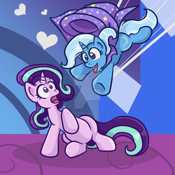 Size: 1024x1024 | Tagged: safe, artist:yoshimarsart, starlight glimmer, trixie, pony, unicorn, g4, cape, clothes, hat, incoming hug, pounce, trixie's cape, trixie's hat, watermark