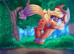 Size: 2000x1454 | Tagged: safe, artist:discorded, applejack, earth pony, fly-der, insect, pony, campfire tales, g4, bondage, do not want, female, forest, hogtied, mare, mismatched eyes, nope, scene interpretation, silly, silly pony, solo, swarm, this will end in pain