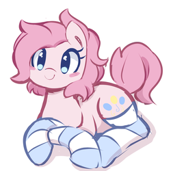 Size: 1080x1080 | Tagged: safe, artist:pinkcappachino, pinkie pie, earth pony, pony, g4, alternate hairstyle, blush sticker, blushing, c:, clothes, cute, diapinkes, female, looking at you, mare, prone, simple background, smiling, socks, solo, striped socks, white background