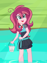 Size: 1024x1382 | Tagged: dead source, safe, artist:wubcakeva, oc, oc only, oc:contralto, equestria girls, g4, bucket, clothes, disguised siren, female, gem, open mouth, river, siren gem, smiling, solo, water