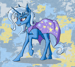 Size: 2418x2148 | Tagged: safe, artist:akweer, trixie, pony, unicorn, g4, abstract background, cape, clothes, female, grin, hatless, high res, mare, missing accessory, raised hoof, smiling, solo, trixie's cape