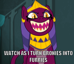 Size: 573x497 | Tagged: safe, screencap, the sphinx, sphinx, daring done?, g4, adventure in the comments, anti-bronybait, brony, bronybait, evil laugh, furry, image macro, jewelry, laughing, makeup, meme, oh no, pure unfiltered evil, sharp teeth, smiling, teeth