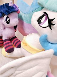 Size: 767x1024 | Tagged: safe, artist:nekokevin, princess celestia, twilight sparkle, alicorn, pony, g4, clothes, cute, female, irl, jewelry, looking at each other, looking up, mare, photo, plushie, smiling, socks, striped socks, twilight sparkle (alicorn)