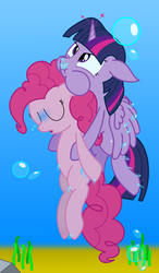 Size: 1750x3000 | Tagged: safe, artist:bladedragoon7575, pinkie pie, twilight sparkle, alicorn, earth pony, pony, g4, air bubble, asphyxiation, bubble, drowning, female, holding breath, mare, pinkiebuse, rescue, swimming, twilight sparkle (alicorn), underwater