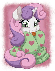 Size: 2550x3300 | Tagged: safe, artist:latecustomer, sweetie belle, pony, unicorn, g4, clothes, cute, diasweetes, female, filly, high res, hnnng, looking at you, oversized clothes, smiling, solo, sweater, tongue out