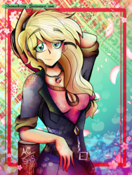 Size: 1024x1365 | Tagged: safe, artist:animechristy, applejack, human, equestria girls, g4, arm behind head, breasts, clothes, cowboy hat, denim, female, freckles, hat, humanized, looking at you, pants, shirt, smiling, solo, stetson