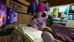 Size: 3200x1800 | Tagged: safe, artist:wolyro pegasus, twilight sparkle, alicorn, pony, g4, 3d, book, bookshelf, computer, eating, female, food, monitor, muffin, solo, tongue out, twilight sparkle (alicorn)