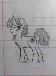 Size: 1936x2592 | Tagged: safe, oc, oc only, oc:glamour mirage, pony, unicorn, black and white, butt, doodle, female, grayscale, lined paper, looking back, mare, monochrome, plot, raised tail, tail, traditional art