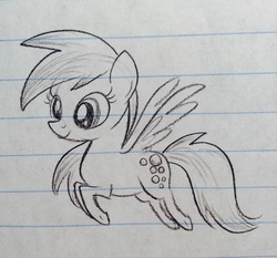 Size: 1868x1740 | Tagged: safe, derpy hooves, pegasus, pony, g4, cute, derpabetes, female, flying, lined paper, mare, smiling, solo, spread wings, traditional art, underhoof, wings