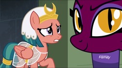 Size: 1024x578 | Tagged: safe, screencap, somnambula, the sphinx, pegasus, pony, sphinx, daring done?, g4, discovery family logo, female, fourth wall, mare
