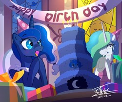 Size: 740x620 | Tagged: safe, artist:bluse, princess celestia, princess luna, alicorn, pony, banner, birthday, blushing, cake, cakelestia, duo, female, food, hat, party, party hat, present, signature, that pony sure does love cakes