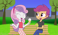Size: 1280x768 | Tagged: safe, artist:phantomshadow051, scootaloo, sweetie belle, equestria girls, g4, clothes, cute, female, food, friendshipping, ice cream, lesbian, open mouth, park, ship:scootabelle, shipping, skirt
