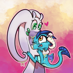 Size: 1200x1200 | Tagged: safe, artist:gab0o0, artist:nijineko99, princess ember, dragon, goo, goodra, g4, :3, abstract background, chibi, collaboration, crossover, cute, frown, heart, heart eyes, hug, messy, one eye closed, open mouth, pokémon, slime, smiling, wingding eyes, wink