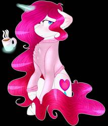 Size: 1257x1466 | Tagged: safe, artist:doux-ameri, oc, oc only, oc:button love, pony, unicorn, black background, clothes, coffee, female, magic, mare, simple background, sitting, solo, sweater