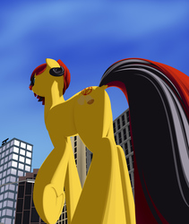 Size: 4900x5800 | Tagged: safe, artist:styroponyworks, oc, oc only, oc:southern belle, pony, absurd resolution, belly button, butt, city, dock, female, from below, giant pony, giant/macro earth pony, low angle, macro, mare, plot, solo