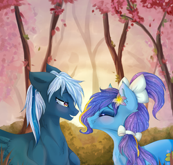 Size: 3000x2866 | Tagged: safe, artist:silvia-zero, oc, oc only, oc:snowy silvercast, oc:sunrise lily, earth pony, pegasus, pony, blushing, bow, bush, chest fluff, commission, female, flower, flower in hair, forest, hair bow, happy, high res, lilycast, looking at each other, male, mare, shipping, smiling, sparkles, stallion, straight, tree, wingding eyes, ych result
