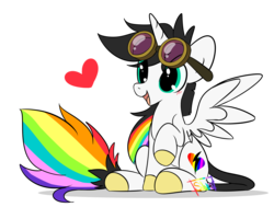 Size: 5072x3840 | Tagged: safe, artist:silverknight27, oc, oc only, oc:lightning bliss, alicorn, pony, absurd resolution, cute, female, goggles, heart, mare, ocbetes, rainbow hair, simple background, sitting, solo, transparent background