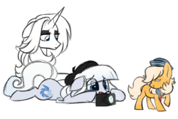Size: 1024x682 | Tagged: safe, artist:azure-art-wave, oc, oc only, oc:ginger snap, oc:mademoiselle d'hiver, oc:picture perfect, earth pony, pony, unicorn, camera, female, filly, magical lesbian spawn, mare, offspring, parent:photo finish, parent:zesty gourmand, parents:zestyfinish, prone, simple background, transparent background