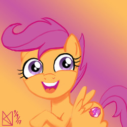 Size: 1500x1500 | Tagged: safe, artist:kelseyleah, scootaloo, pegasus, pony, g4, female, filly, gradient background, happy, looking at you, solo