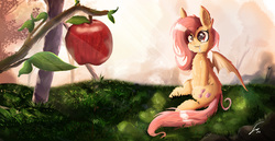 Size: 1980x1020 | Tagged: safe, artist:shogundun, fluttershy, bat pony, pony, g4, apple, cute, drool, fangs, female, flutterbat, food, mare, race swap, shyabates, shyabetes, smiling, solo, tree