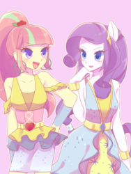 Size: 1200x1600 | Tagged: safe, artist:kkmrarar, rarity, sour sweet, equestria girls, equestria girls specials, g4, my little pony equestria girls: dance magic, clothes, disco dress, duo, duo female, ear piercing, earring, female, freckles, jewelry, open mouth, piercing, ponied up, pony ears, purple background, simple background