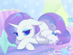 Size: 1800x1350 | Tagged: safe, artist:kkmrarar, opalescence, rarity, pony, unicorn, bed, eyes closed, eyeshadow, female, floppy ears, jewelry, lying down, makeup, mare, necklace, pearl necklace, pillow, prone, sleeping, smiling