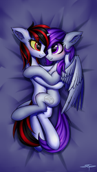 Size: 1080x1920 | Tagged: safe, artist:setharu, oc, oc only, oc:blackjack, oc:morning glory (project horizons), pegasus, pony, unicorn, fallout equestria, fallout equestria: project horizons, blushing, cuddling, female, gloryjack, lesbian, looking at each other, mare, oc x oc, shipping, smiling