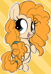 Size: 1294x1846 | Tagged: safe, artist:kellythedrawinguni, pear butter, earth pony, pony, g4, abstract background, chibi, female, freckles, mare, smiling, solo