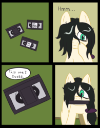 Size: 600x770 | Tagged: safe, artist:scraggleman, oc, oc only, oc:floor bored, earth pony, pony, comic, dialogue, mouth hold, solo, the iron giant, the lorax, vhs