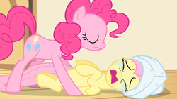 Size: 1920x1080 | Tagged: safe, screencap, fluttershy, pinkie pie, earth pony, pegasus, pony, filli vanilli, g4, 1080p, crying, eyes closed, female, mare, on back, out of context, towel