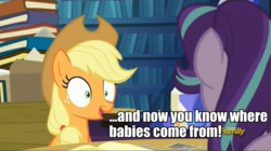 Size: 959x536 | Tagged: safe, edit, edited screencap, screencap, applejack, starlight glimmer, pony, every little thing she does, g4, applejack's anecdotes, female, fiducia compellia, gravity falls, hypnosis, hypnotized, impact font, male, mare, meme, text, the birds and the bees, the talk