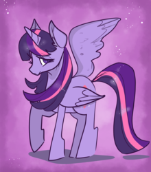 Size: 3000x3414 | Tagged: safe, artist:incapacitatedvixen, twilight sparkle, alicorn, pony, unicorn, g4, abstract background, female, high res, looking at you, mare, princess of friendship, raised hoof, royalty, shy, solo, spread wings, twilight sparkle (alicorn), wings