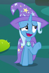 Size: 403x604 | Tagged: safe, screencap, trixie, pony, unicorn, g4, to change a changeling, cape, clothes, cute, diatrixes, female, hat, mare, open mouth, raised hoof, solo, trixie's cape, trixie's hat, underhoof, wavy mouth