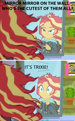 Size: 708x1140 | Tagged: safe, edit, edited screencap, screencap, sunset shimmer, trixie, equestria girls, g4, monday blues, my little pony equestria girls: summertime shorts, clothes, hoodie, implied trixie, screencap comic, sunset's apartment